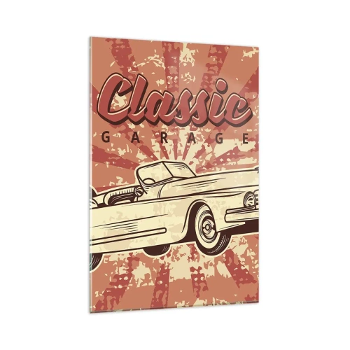 Obraz na szkle - Retro plakat z klasycznym samochodem i napisem Classic Garage - 80x120cm - A w radiu Elvis - Nowoczesna dekoracja ścienna do salonu i sypialni ARTTOR