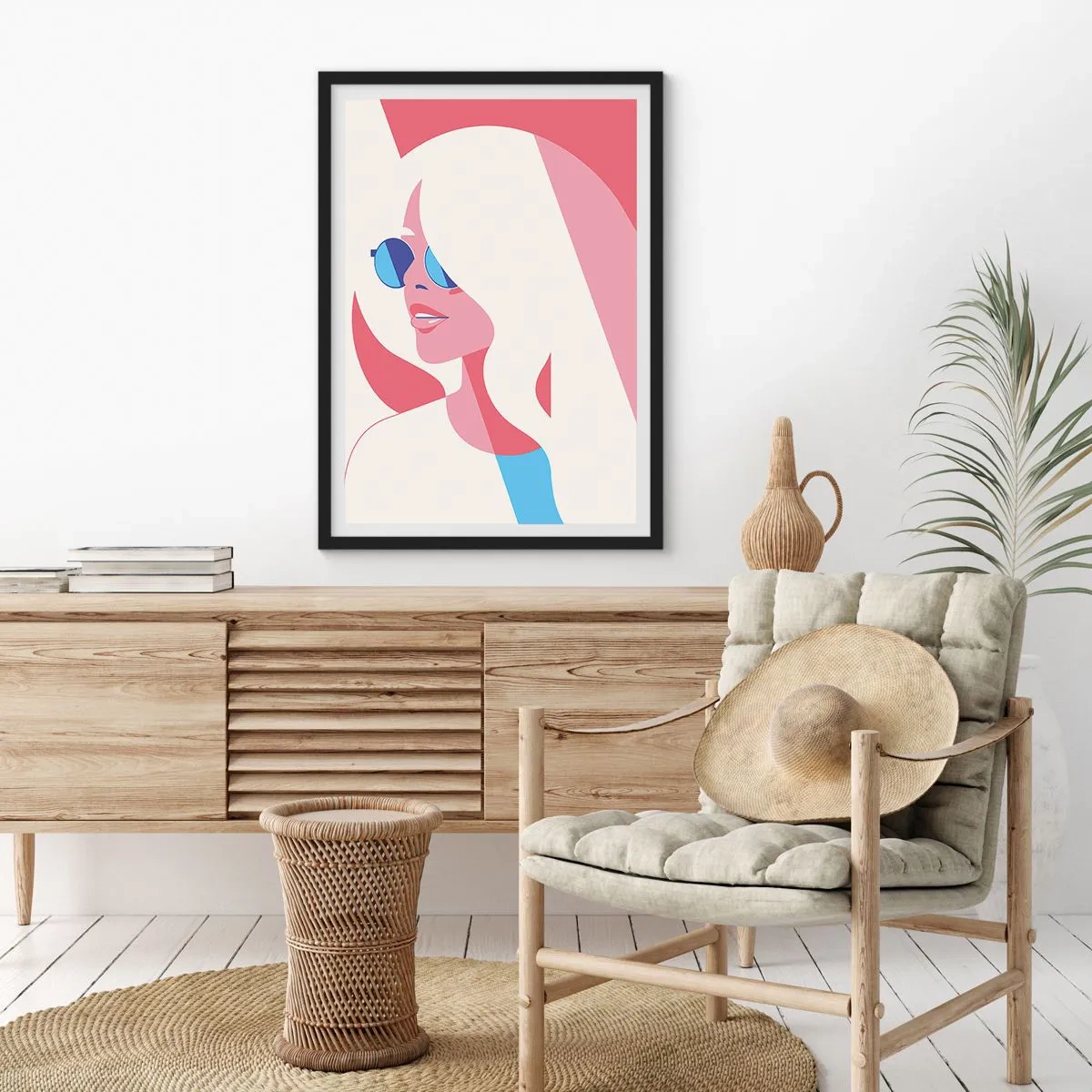 Plakat w czarnej ramie - Stylizowany portret kobiety w okularach przeciwsłonecznych - 50x70cm - To była blondynka… - Nowoczesna dekoracja ścienna do salonu i sypialni ARTTOR