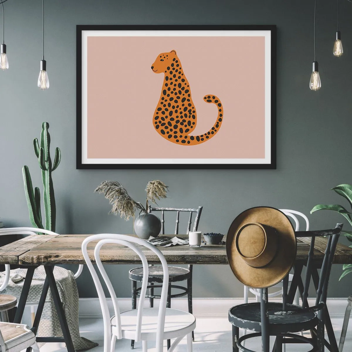 Plakat w czarnej ramie - Minimalistyczny rysunek pantery na beżowym tle - 70x50cm - Panterka to modny wzór - Nowoczesna dekoracja ścienna do salonu i sypialni ARTTOR