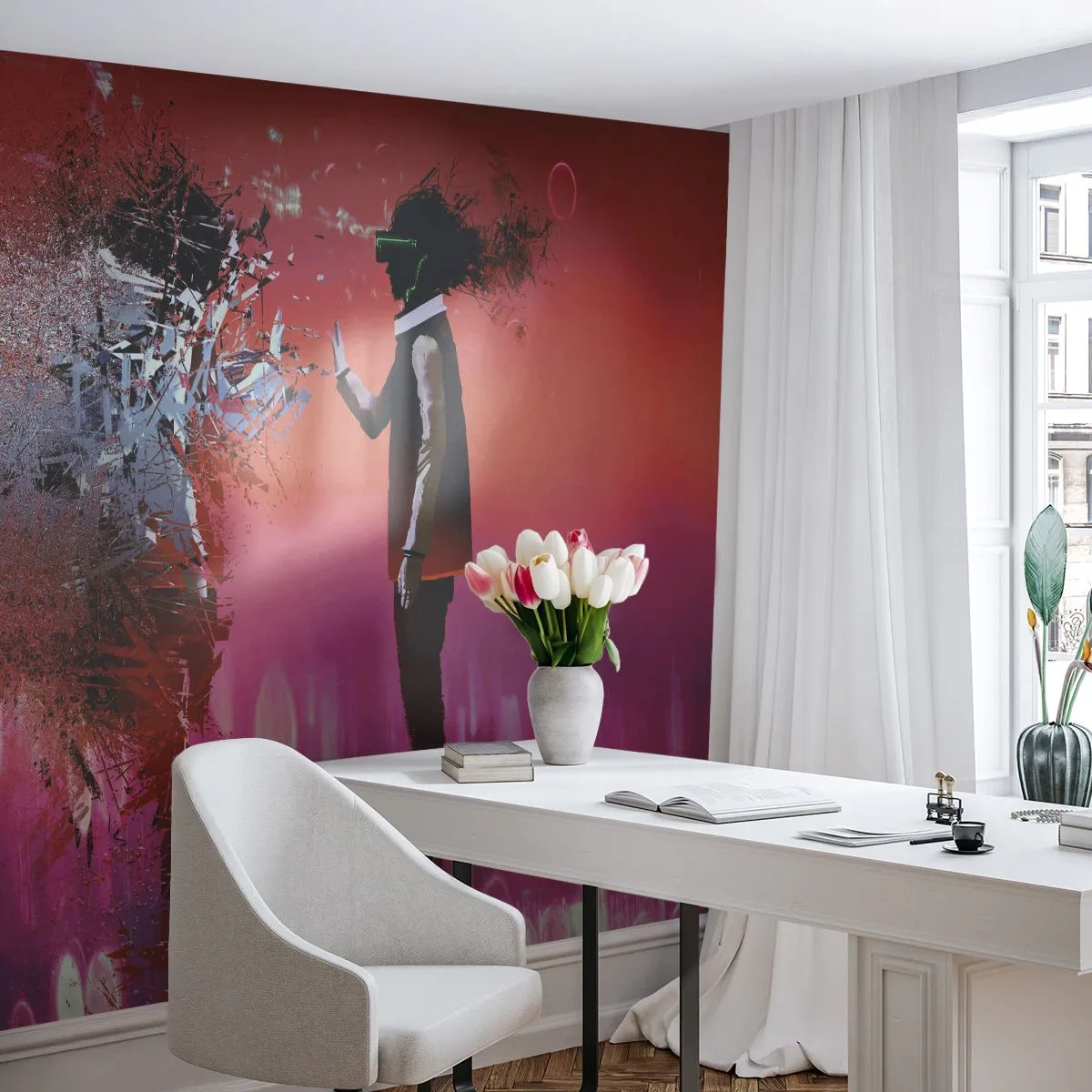 Fototapeta Premium Canvas - Abstrakcyjna scena z futurystyczną postacią i rozpraszającymi się elementami - 100x70cm - Czy można wejrzeć w siebie? - Nowoczesna dekoracja ścienna do salonu i sypialni ARTTOR