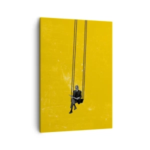 Obraz na płótnie - Minimalistyczna ilustracja mężczyzny na huśtawce z gazetą na żółtym tle - 50x70cm - Dzień jak co dzień - Nowoczesna dekoracja ścienna do salonu, kuchni i sypialni ARTTOR