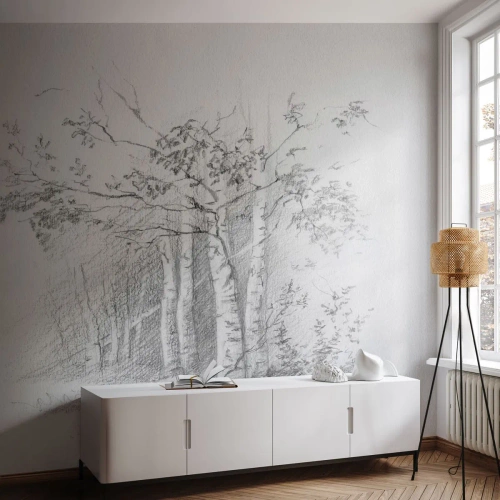 Fototapeta Premium Canvas - Rysunek brzozowego lasu w subtelnym szkicu ołówkiem - 100x70cm - Światło brzozowego lasu - Nowoczesna dekoracja ścienna do salonu i sypialni ARTTOR