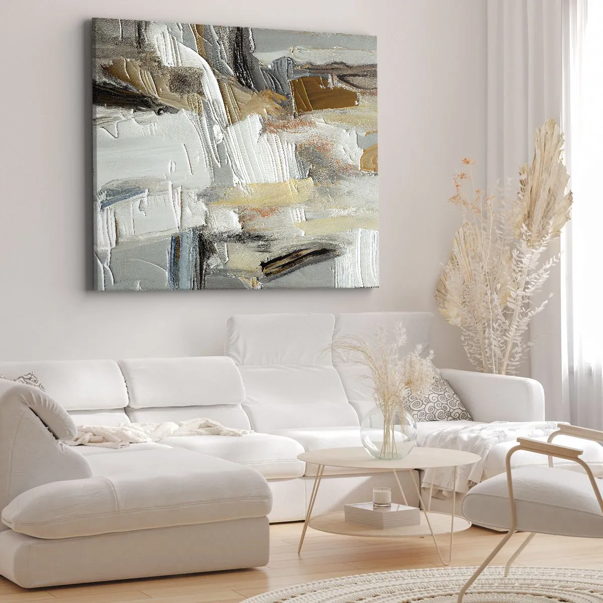 Obraz na płótnie - Teksturalna abstrakcja w odcieniach ziemi i bieli - 70x50cm - Barwne nawarstwienia - Nowoczesna dekoracja ścienna do salonu i sypialni ARTTOR