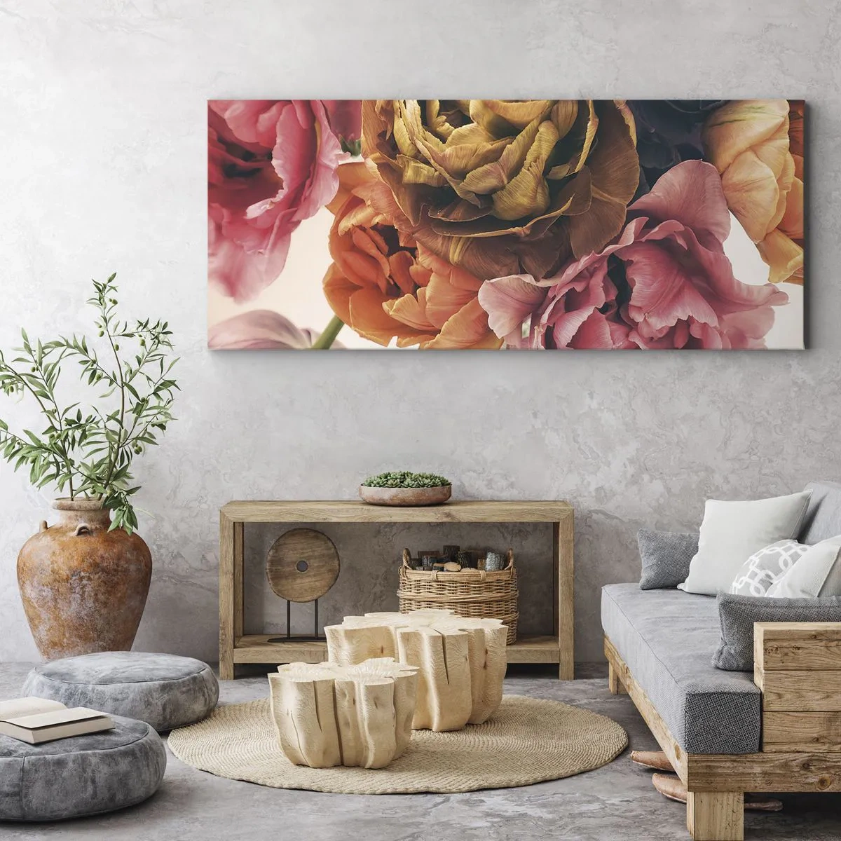Obraz na płótnie - Bukiet różnorodnych kwiatów w intensywnych barwach - 160x50cm - Święto życia - Nowoczesna dekoracja ścienna do salonu i sypialni ARTTOR