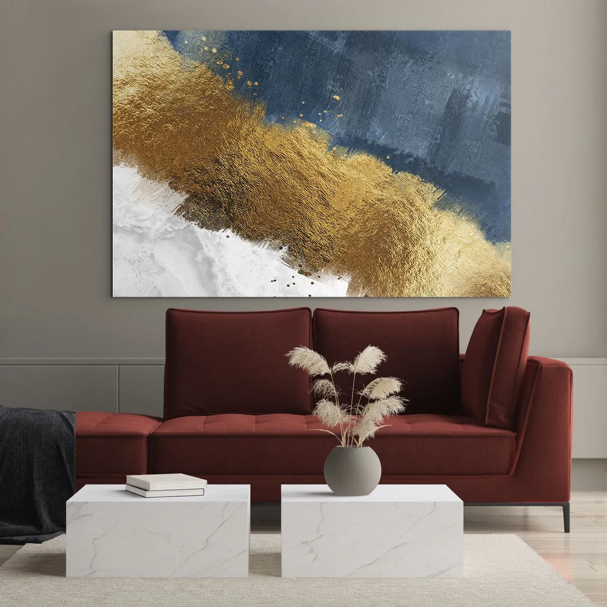 Obraz na szkle - Złote pociągnięcia farby na granatowo-białym tle - 70x50cm - Barwy lata - Nowoczesna dekoracja ścienna do salonu i sypialni ARTTOR