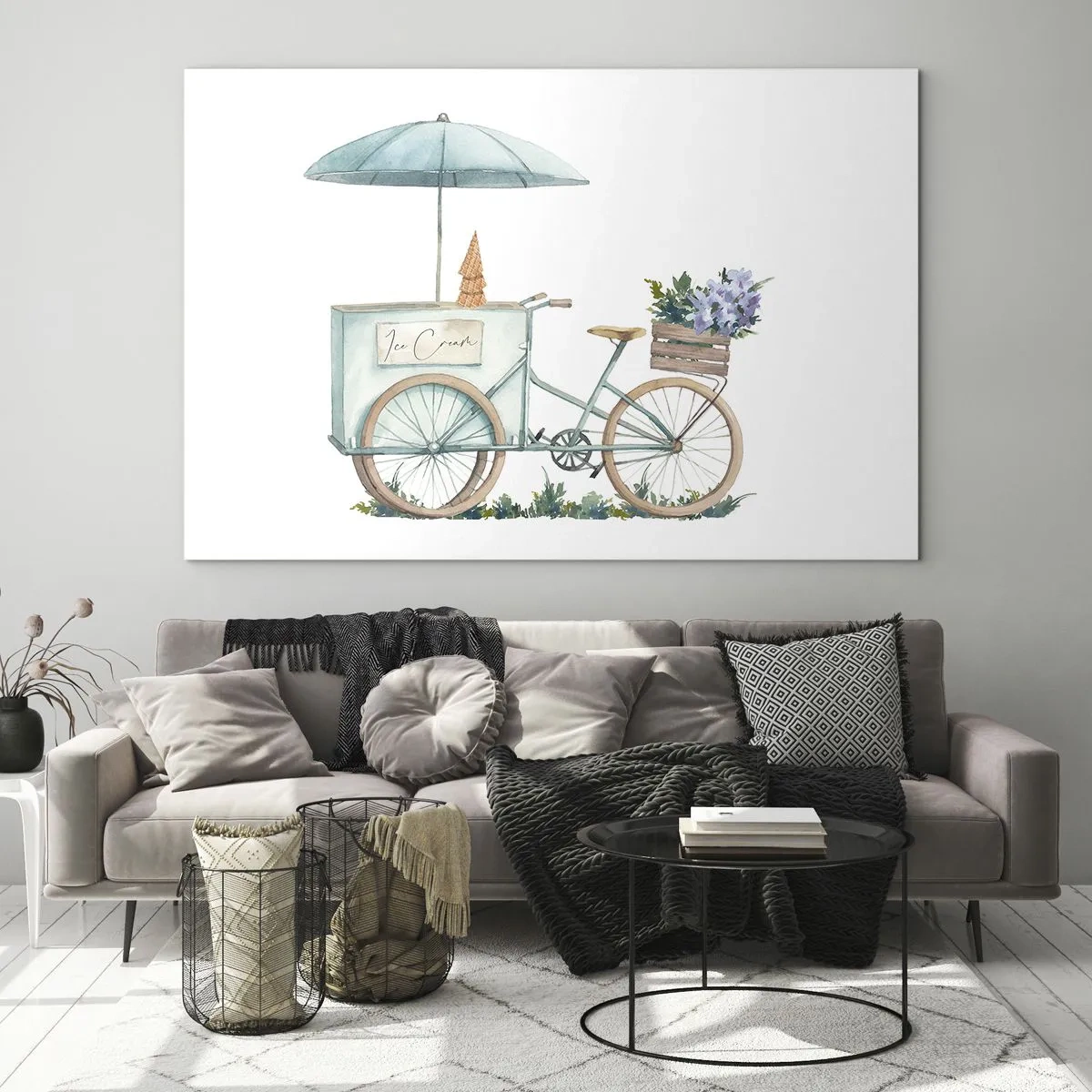 Obraz na szkle - Rower z lodami i kwiatami w pastelowych kolorach - 70x50cm - Słodkie wspomnienie lata - Nowoczesna dekoracja ścienna do salonu i sypialni ARTTOR