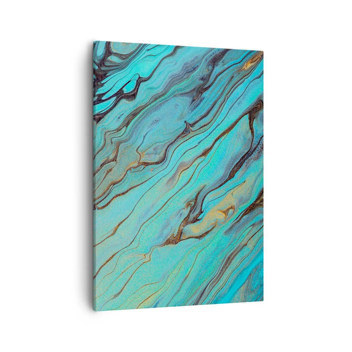 Obraz na płótnie - Abstrakcyjny wzór fal w odcieniach turkusu, złota i czerni - 50x70cm - Turkusowy przypływ - Nowoczesna dekoracja ścienna do salonu, kuchni i sypialni ARTTOR