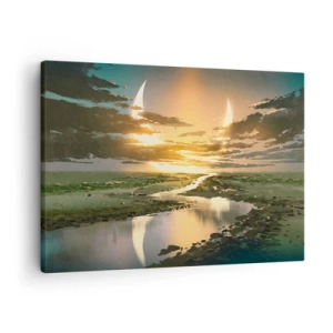 Obraz na płótnie - Fantastyczny krajobraz z dwoma księżycami na horyzoncie - 70x50cm - Gdzieś w odległej galaktyce - Nowoczesna dekoracja ścienna do salonu i sypialni ARTTOR