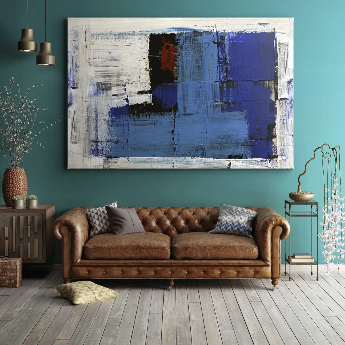 Obraz na płótnie - Abstrakcyjna kompozycja w odcieniach niebieskiego i bieli - 70x50cm - Sekret błękitu - Nowoczesna dekoracja ścienna do salonu i sypialni ARTTOR
