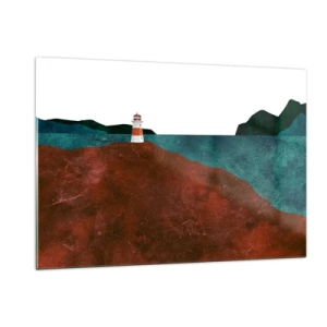 Obraz na szkle - Latarnia morska na tle turkusowego morza i czerwonych klifów - 120x80cm - Wpatrzona w morze - Nowoczesna dekoracja ścienna do salonu, kuchni i sypialni ARTTOR