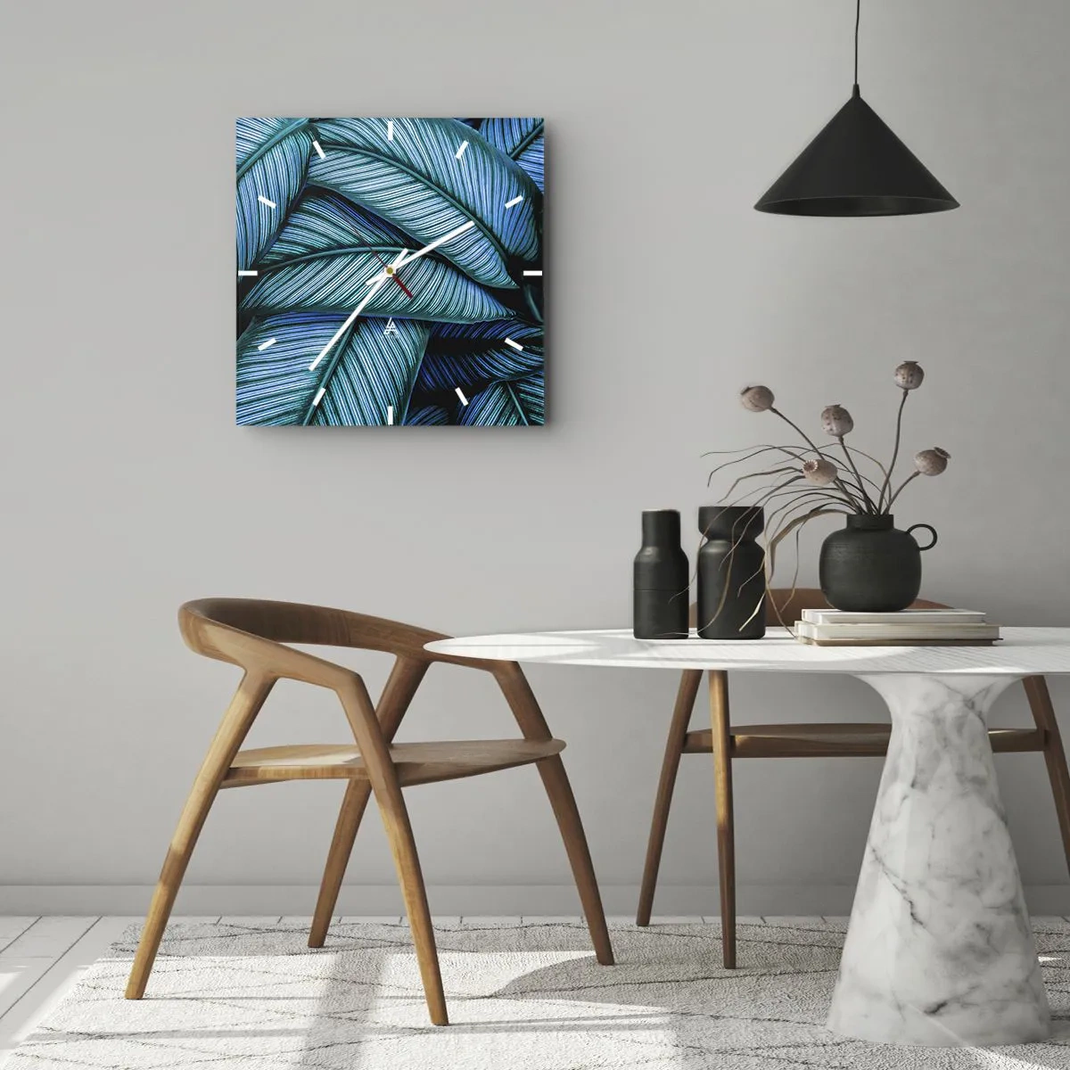 Zegar ścienny - Bliskie ujęcie turkusowych liści o wyrazistych detalach - 30x30cm - Linie życia - Nowoczesna dekoracja ścienna do salonu i sypialni ARTTOR
