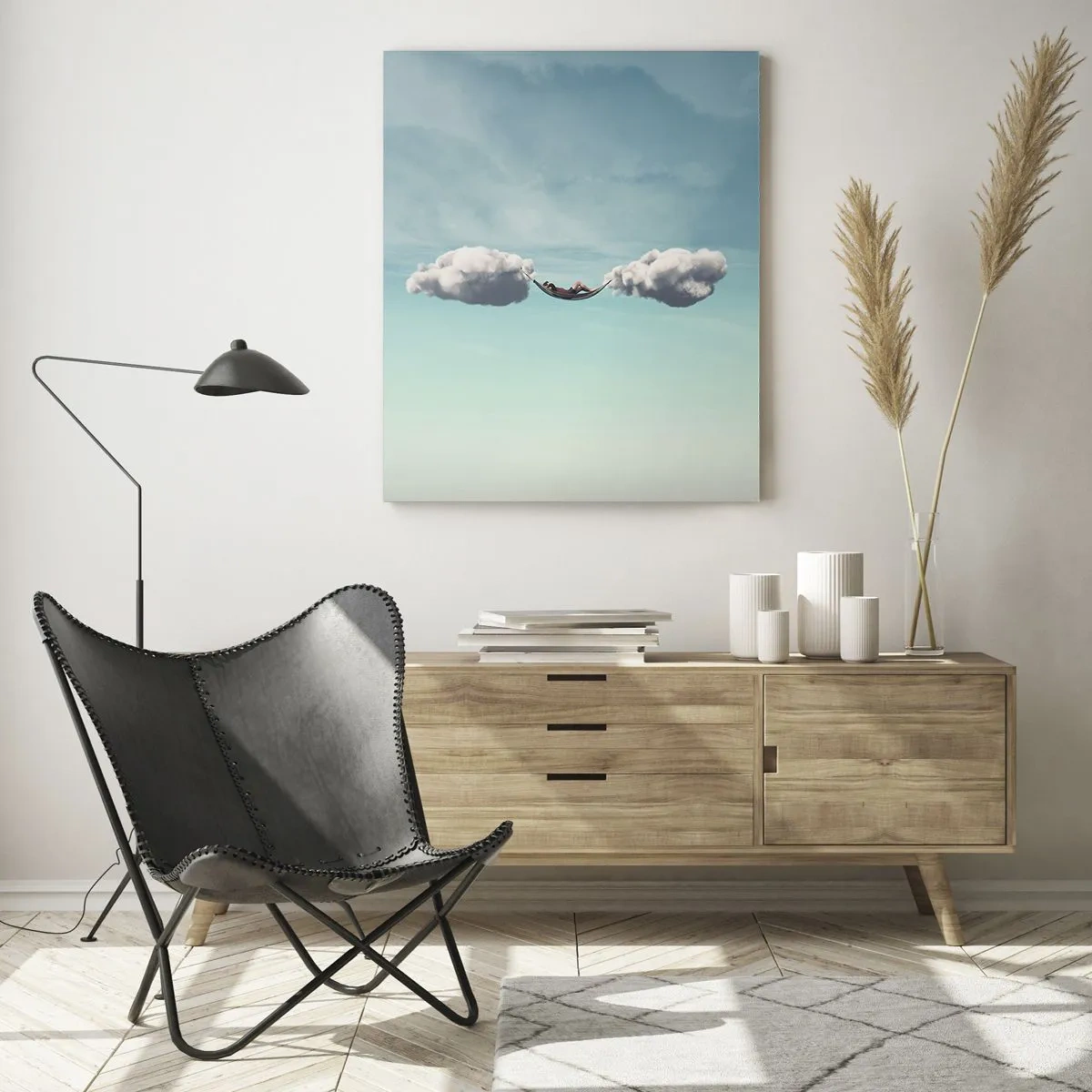 Obraz na szkle - Hamaki z chmur w błękitnym niebie - 50x70cm - Błogość chwili - Nowoczesna dekoracja ścienna do salonu, kuchni i sypialni ARTTOR