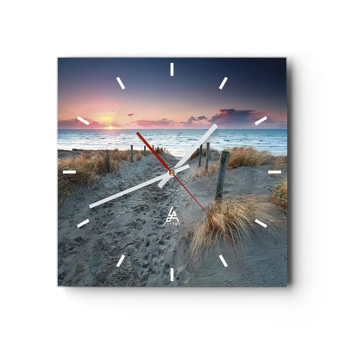 Zegar ścienny - Ścieżka prowadząca na plażę o zachodzie słońca - 30x30cm - Rozlałeś tęczę blasków promienistą… - Nowoczesna dekoracja ścienna do salonu i sypialni ARTTOR