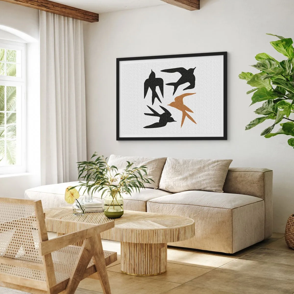 Plakat w czarnej ramie - Sylwetki jaskółek w czerni i złocie - 100x70cm - Jaskółcze zabawy - Nowoczesna dekoracja ścienna do salonu i sypialni ARTTOR