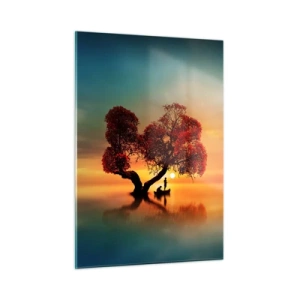 Obraz na szkle - Drzewo z czerwonymi liśćmi na tle zachodu słońca - 50x70cm - Oddaleńcy i ciszyzna bezświata - Nowoczesna dekoracja ścienna do salonu, kuchni i sypialni ARTTOR