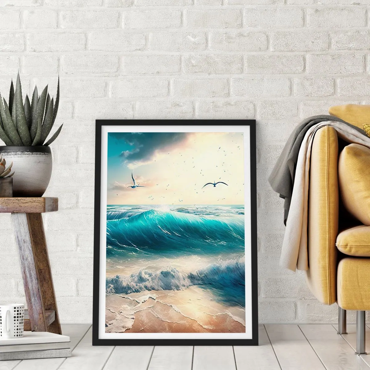 Plakat w czarnej ramie - Turkusowe fale rozbijające się o brzeg - 50x70cm - Szumi tylko dla ciebie - Nowoczesna dekoracja ścienna do salonu i sypialni ARTTOR