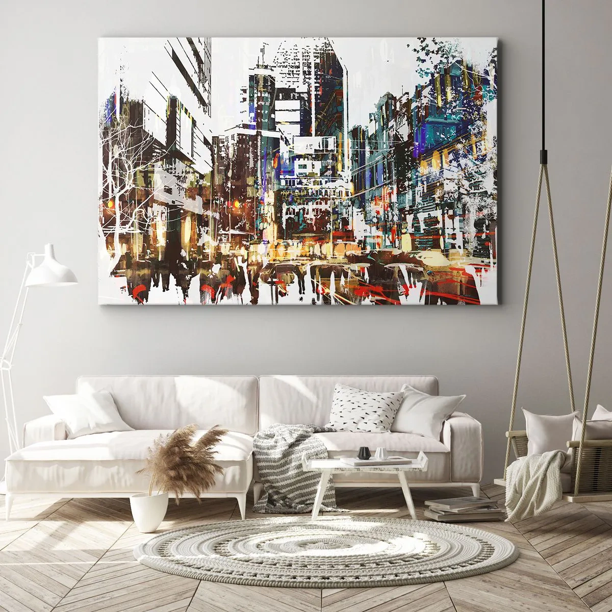 Obraz na płótnie - Nowoczesny miejski pejzaż w artystycznym stylu - 120x80cm - Miasto migotliwe - Nowoczesna dekoracja ścienna do salonu, kuchni i sypialni ARTTOR