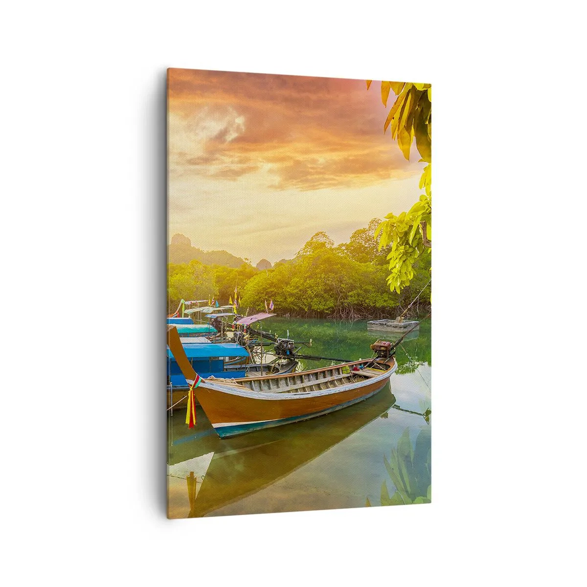 Obraz na płótnie - Tradycyjne łodzie na spokojnej wodzie o zachodzie słońca - 80x120cm - Przed pracowitym dniem - Nowoczesna dekoracja ścienna do salonu i sypialni ARTTOR