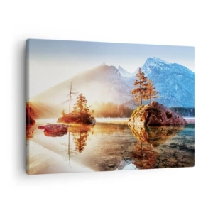 Obraz na płótnie - Jezioro z wyspami i górami w tle o wschodzie słońca - 70x50cm - Natura w nowym świetle - Nowoczesna dekoracja ścienna do salonu i sypialni ARTTOR