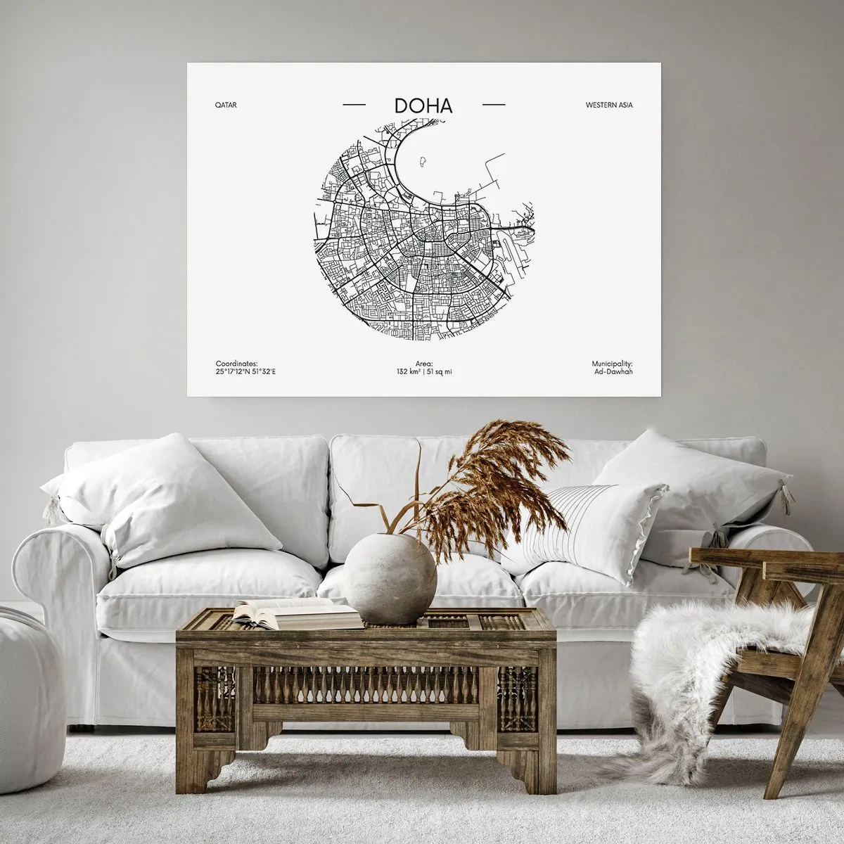 Plakat - Minimalistyczna mapa Dohy w czarno-białej kolorystyce z precyzyjnymi detalami - 100x70cm - Anatomia Dohy - Nowoczesna dekoracja ścienna do salonu i sypialni ARTTOR