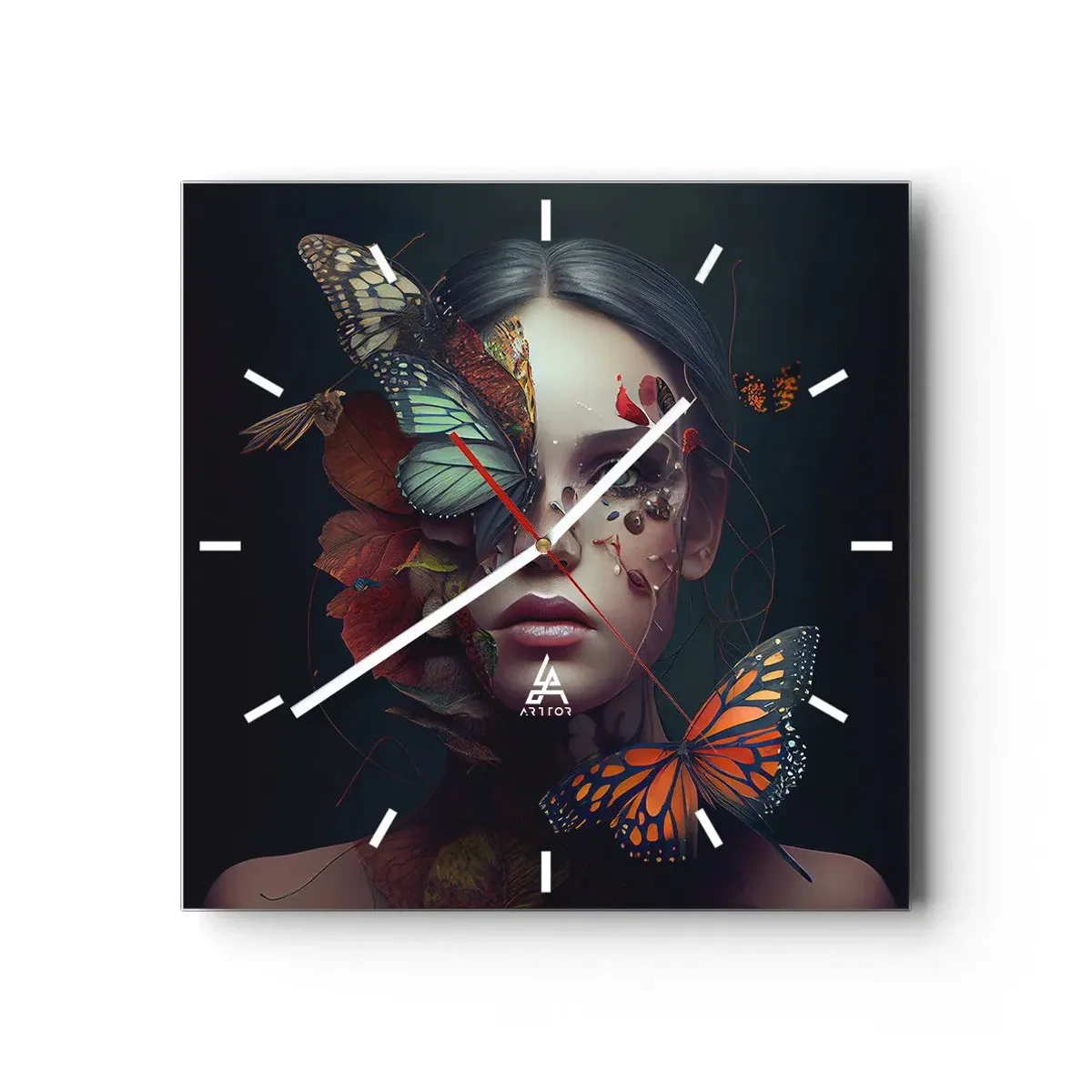 Zegar ścienny - Portret kobiety z motylami i elementami roślinnymi - 30x30cm - Cudowna metamorfoza - Nowoczesna dekoracja ścienna do salonu i sypialni ARTTOR
