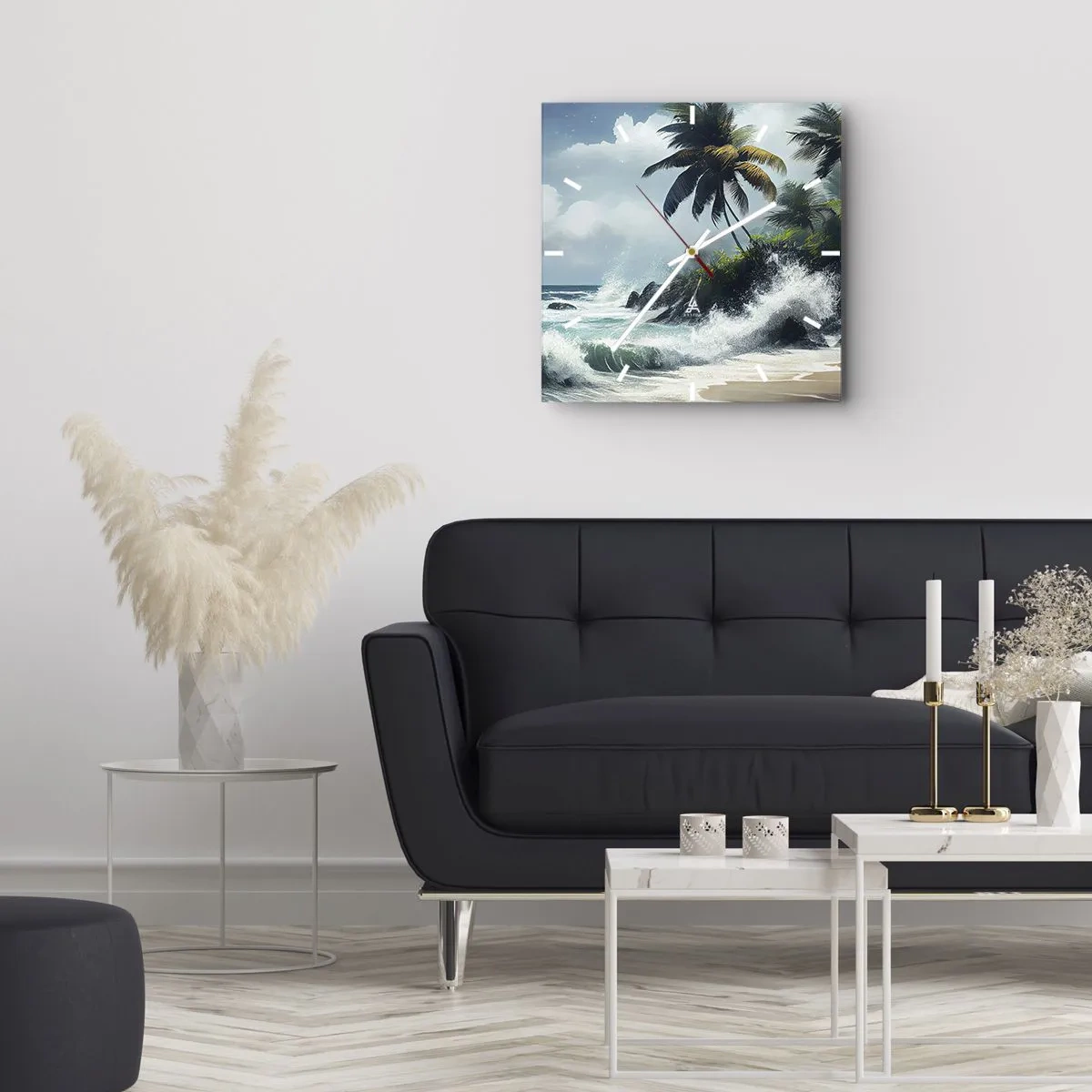 Zegar ścienny - Tropikalny brzeg z palmami i wzburzonym morzem - 30x30cm - Na tropikalnym brzegu - Nowoczesna dekoracja ścienna do salonu i sypialni ARTTOR