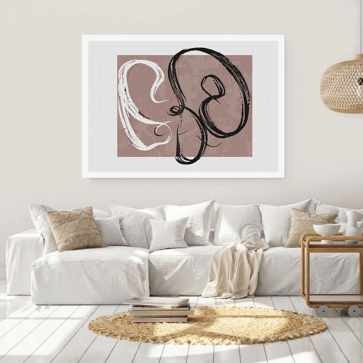 Plakat - Czarno-biała abstrakcja na beżowym tle - 100x70cm - Kompozycja – poszukiwanie pełni - Nowoczesna dekoracja ścienna do salonu i sypialni ARTTOR