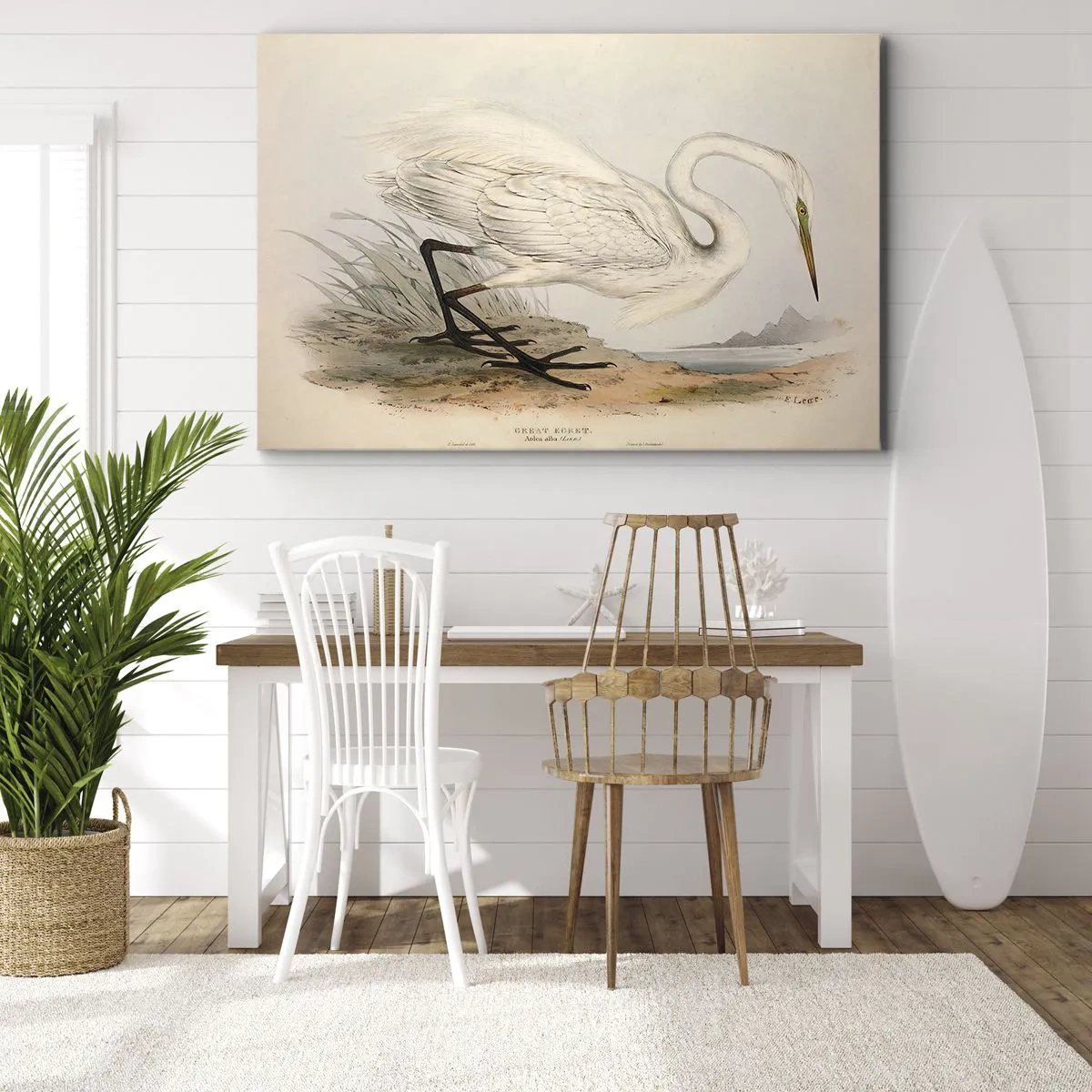Obraz na płótnie - Rysunek białej czapli na tle naturalnego krajobrazu - 70x50cm - Pani na szuwarach - Nowoczesna dekoracja ścienna do salonu i sypialni ARTTOR