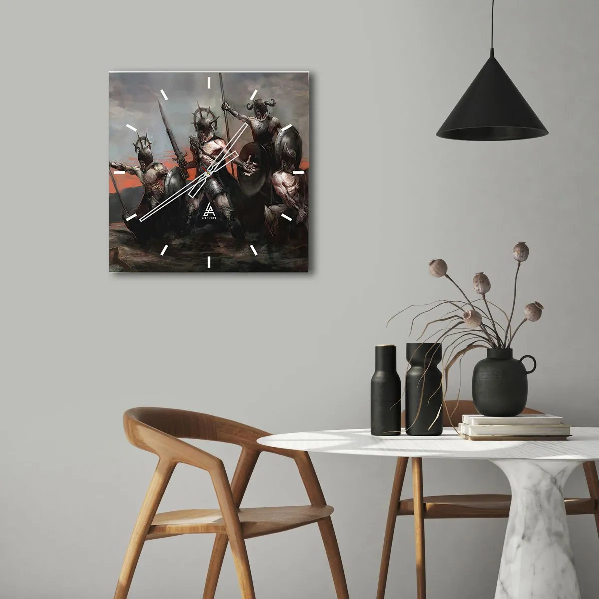 Zegar ścienny - Grupa wojowników w zbrojach z włóczniami na tle zachodu słońca - 30x30cm - Z tarczą lub na tarczy - Nowoczesna dekoracja ścienna do salonu i sypialni ARTTOR