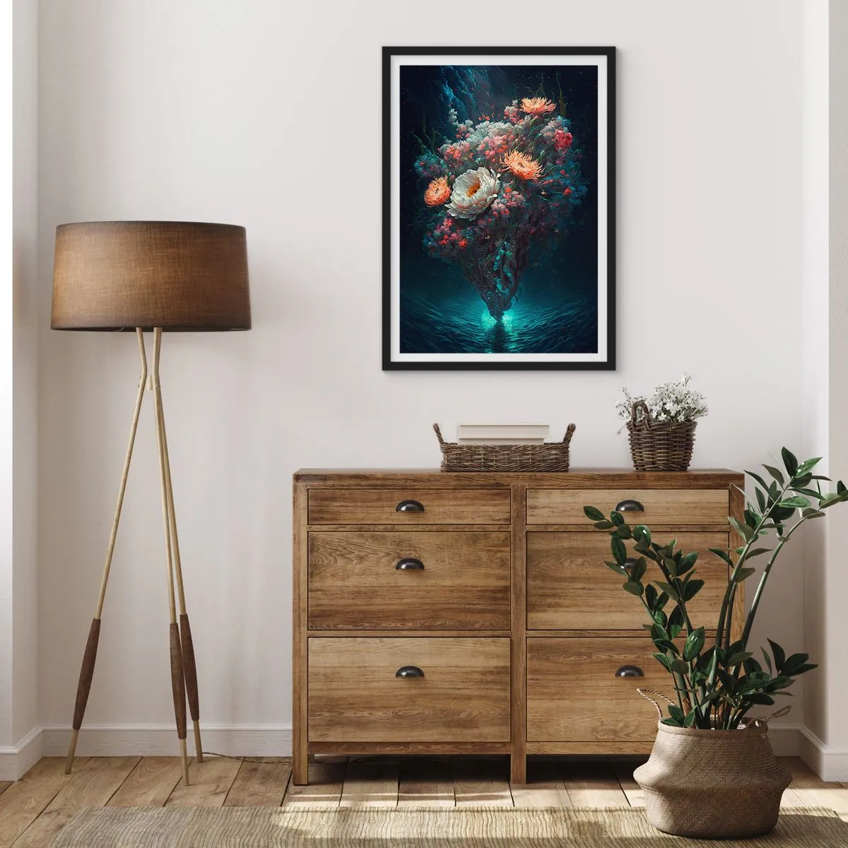Plakat w czarnej ramie - Magiczna kompozycja kwiatów unosząca się nad wodą - 50x70cm - Dziwny ogród - Nowoczesna dekoracja ścienna do salonu i sypialni ARTTOR