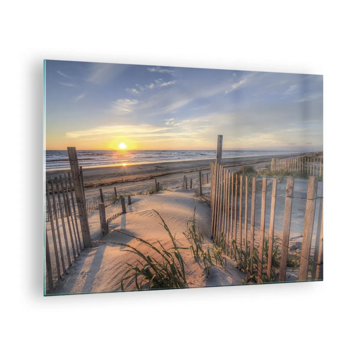 Obraz na szkle - Plaża z wydmami o zachodzie słońca - 70x50cm - Blask i cień wiatru - Nowoczesna dekoracja ścienna do salonu i sypialni ARTTOR