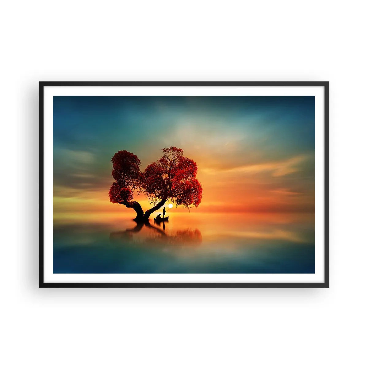 Plakat w czarnej ramie - Drzewo o czerwonych liściach i łódź na wodzie o zachodzie słońca - 100x70cm - Oddaleńcy i ciszyzna bezświata - Nowoczesna dekoracja ścienna do salonu i sypialni ARTTOR
