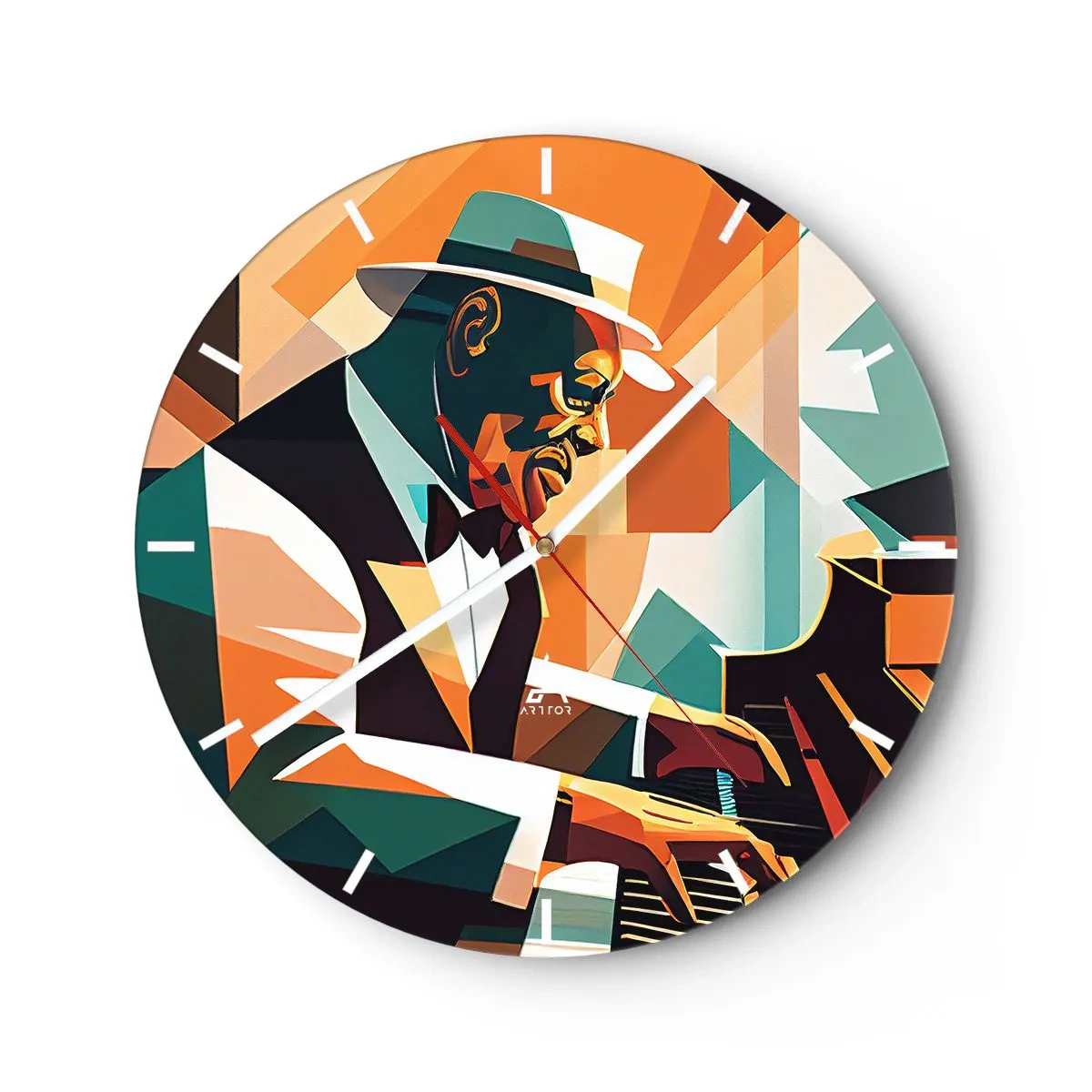 Zegar ścienny - Jazzowy muzyk przy fortepianie w geometrycznym stylu - 30x30cm - Cały ten jazz - Nowoczesna dekoracja ścienna do salonu, kuchni i sypialni ARTTOR