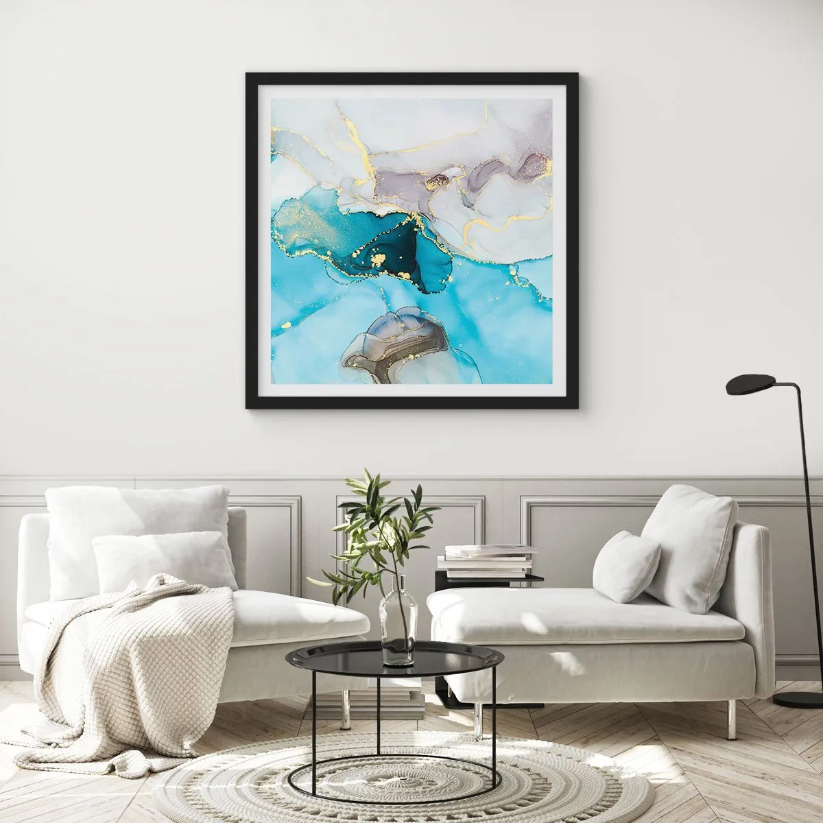 Plakat w czarnej ramie - Studium spotkania szarości z turkusem - 60x60 cm