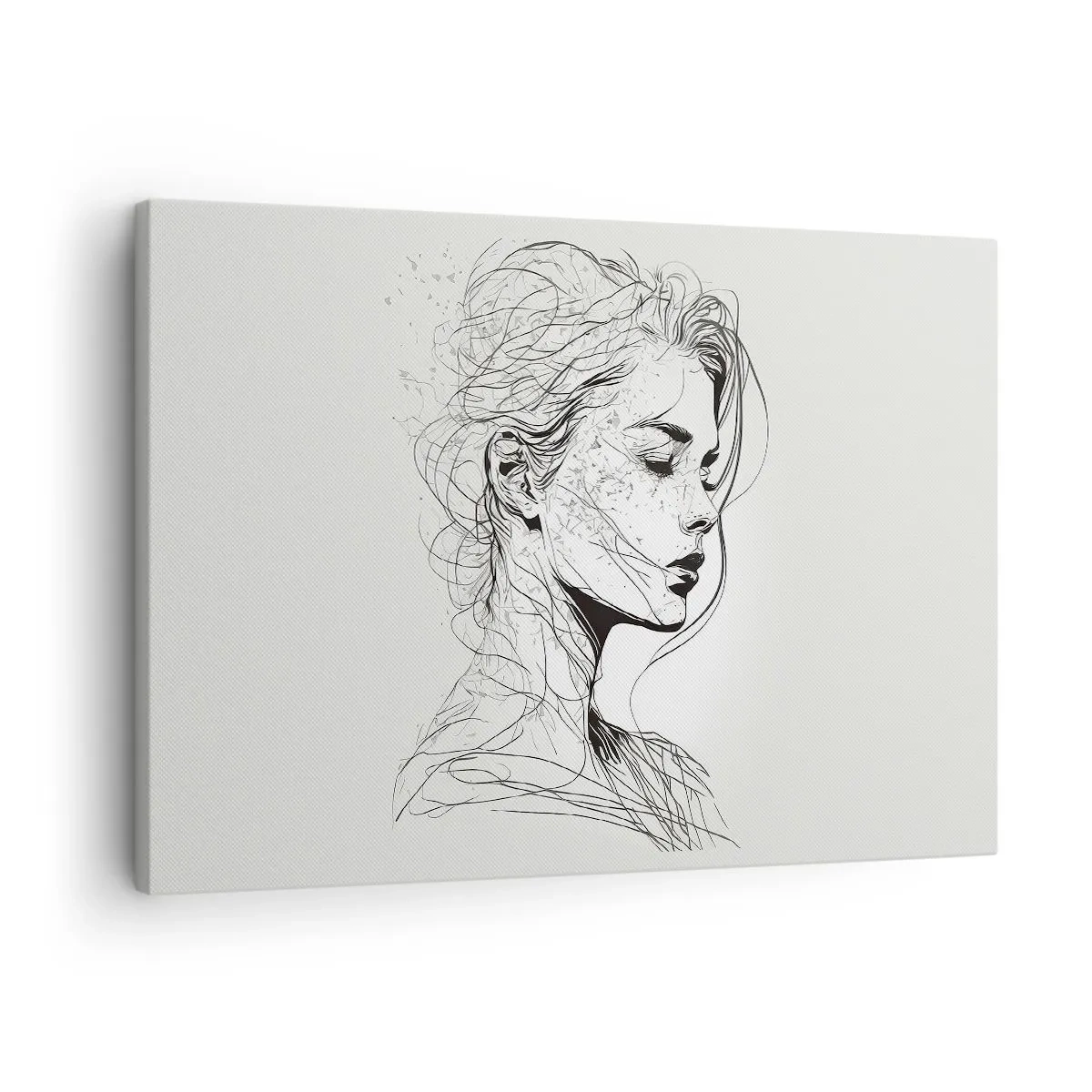 Obraz na płótnie - Delikatny portret kobiety w minimalistycznym stylu graficznym - 70x50cm - Portret w zamyśleniu - Nowoczesna dekoracja ścienna do salonu i sypialni ARTTOR