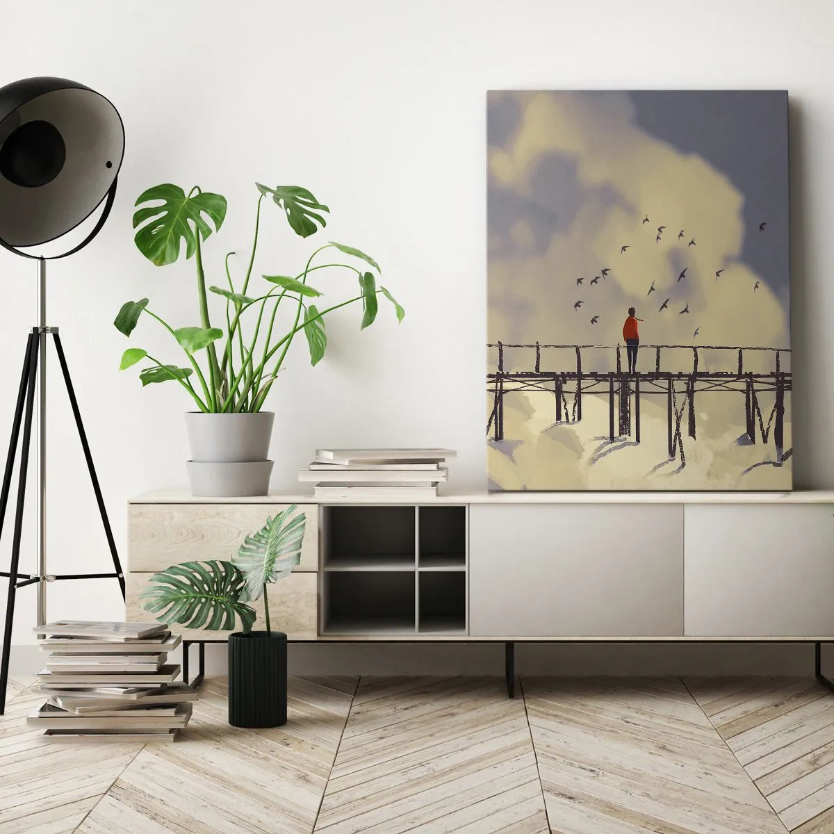 Obraz na płótnie - Osoba na moście z widokiem na ptaki i chmury w tle - 50x70cm - Niebieska tęsknota - Nowoczesna dekoracja ścienna do salonu, kuchni i sypialni ARTTOR