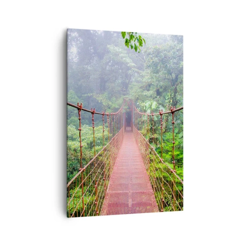 Obraz na płótnie - Most wiszący w tropikalnej dżungli otoczony mgłą - 70x100cm - Zawieszony nad koronami - Nowoczesna dekoracja ścienna do salonu i sypialni ARTTOR