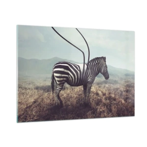 Obraz na szkle - Zebra na tle trawy z surrealistycznym detalem anten - 100x70cm - Uwaga! Usterka - Nowoczesna dekoracja ścienna do salonu, kuchni i sypialni ARTTOR