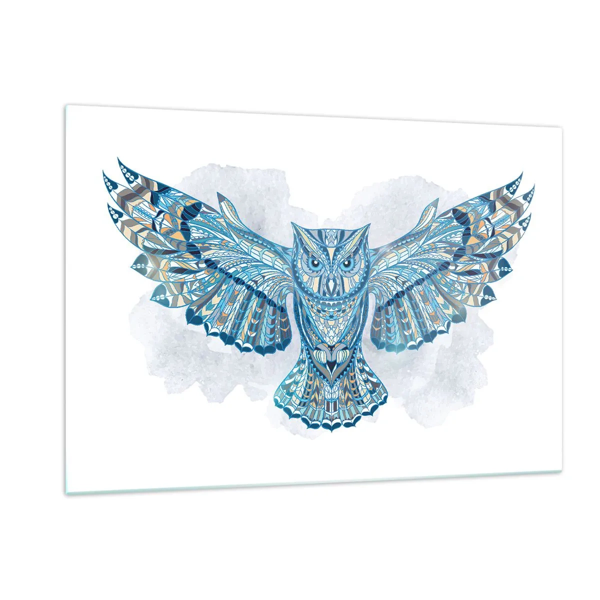 Obraz na szkle - Niebieska sowa z rozpostartymi skrzydłami w stylu geometrycznym - 120x80cm - Z celtyckiego świętego gaju - Nowoczesna dekoracja ścienna do salonu, kuchni i sypialni ARTTOR