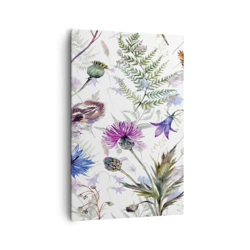 Obraz na płótnie - Akwarelowe kwiaty i zioła na białym tle w stylu zielnika - 80x120cm - Polski zielnik - Nowoczesna dekoracja ścienna do salonu i sypialni ARTTOR