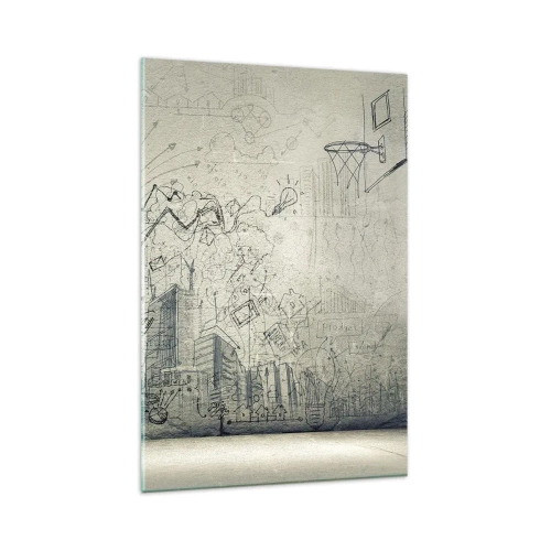Obraz na szkle - Rysunki i schematy na tle surowej ściany - 80x120cm - Moje wspaniałe miejskie życie - Nowoczesna dekoracja ścienna do salonu i sypialni ARTTOR