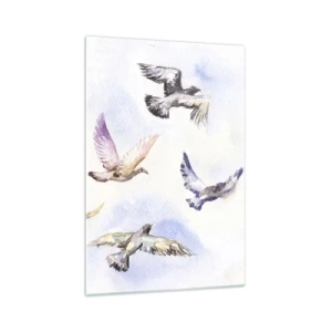 Obraz na szkle - Akwarelowe ptaki w locie na tle delikatnego nieba - 70x100cm - Wolność w szarości i błękicie - Nowoczesna dekoracja ścienna do salonu i sypialni ARTTOR