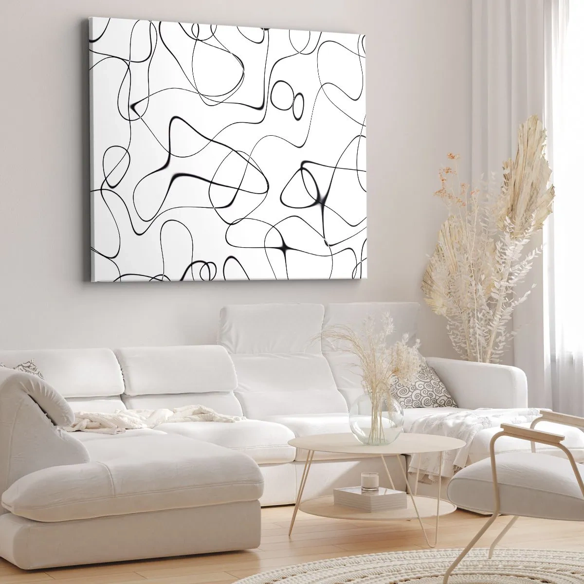 Obraz na płótnie - Abstrakcyjne czarne linie na białym tle w minimalistycznym stylu - 70x50cm - Ścieżki życia, koleje losu - Nowoczesna dekoracja ścienna do salonu i sypialni ARTTOR