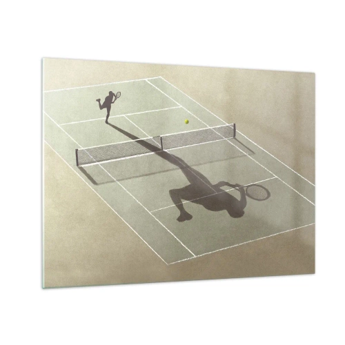 Obraz na szkle - Postać tenisisty i cień na korcie podczas serwu - 70x50cm - Pokonać siebie - Nowoczesna dekoracja ścienna do salonu i sypialni ARTTOR