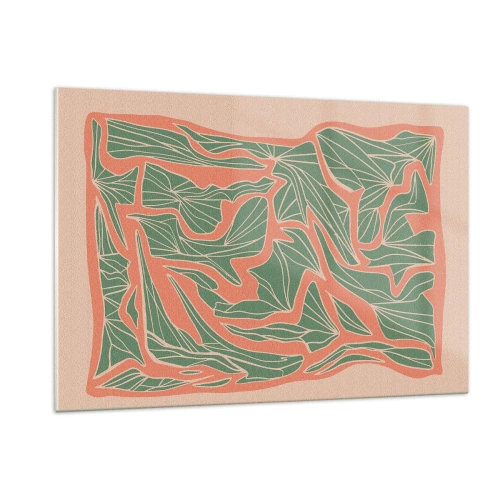 Obraz na szkle - Zielone liściaste formy otoczone koralową ramą na beżowym tle - 120x80cm - Zmagania koralu i zieleni - Nowoczesna dekoracja ścienna do salonu, kuchni i sypialni ARTTOR