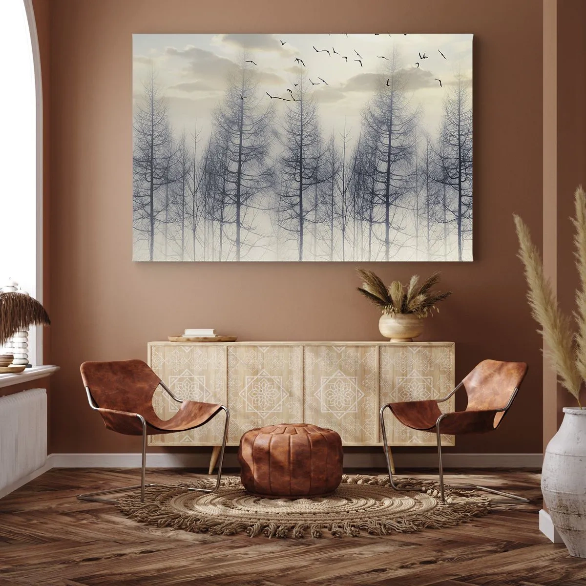 Obraz na płótnie - Mglisty las z ptakami na tle nieba o zachodzie - 70x50cm - Duchy lasu - Nowoczesna dekoracja ścienna do salonu i sypialni ARTTOR