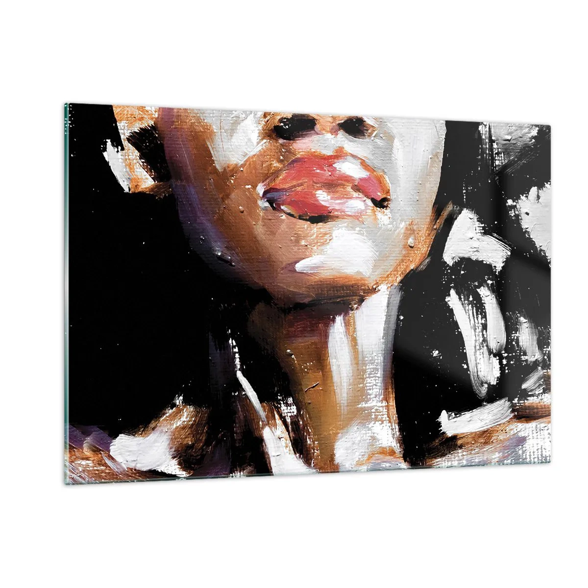Obraz na szkle - Zbliżenie kolorowego portretu kobiety w stylu ekspresyjnym - 120x80cm - Duma bez uprzedzeń - Nowoczesna dekoracja ścienna do salonu, kuchni i sypialni ARTTOR