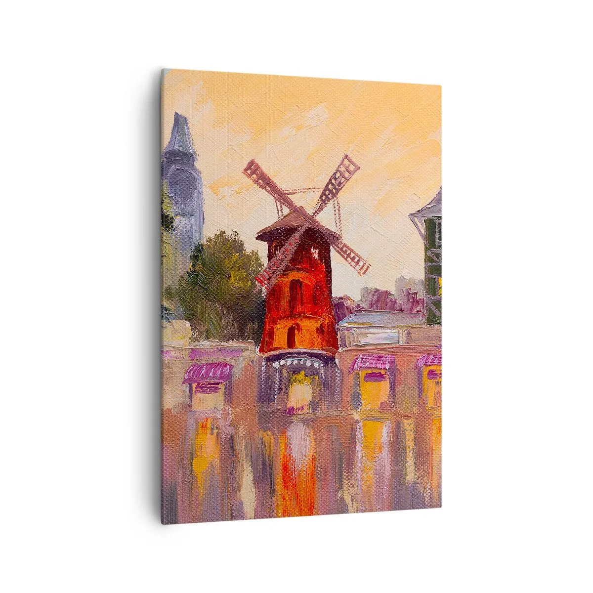 Obraz na płótnie - Czerwony wiatrak Moulin Rouge otoczony miejskim pejzażem - 70x100cm - Paryskie ikony – Moulin Rouge - Nowoczesna dekoracja ścienna do salonu i sypialni ARTTOR