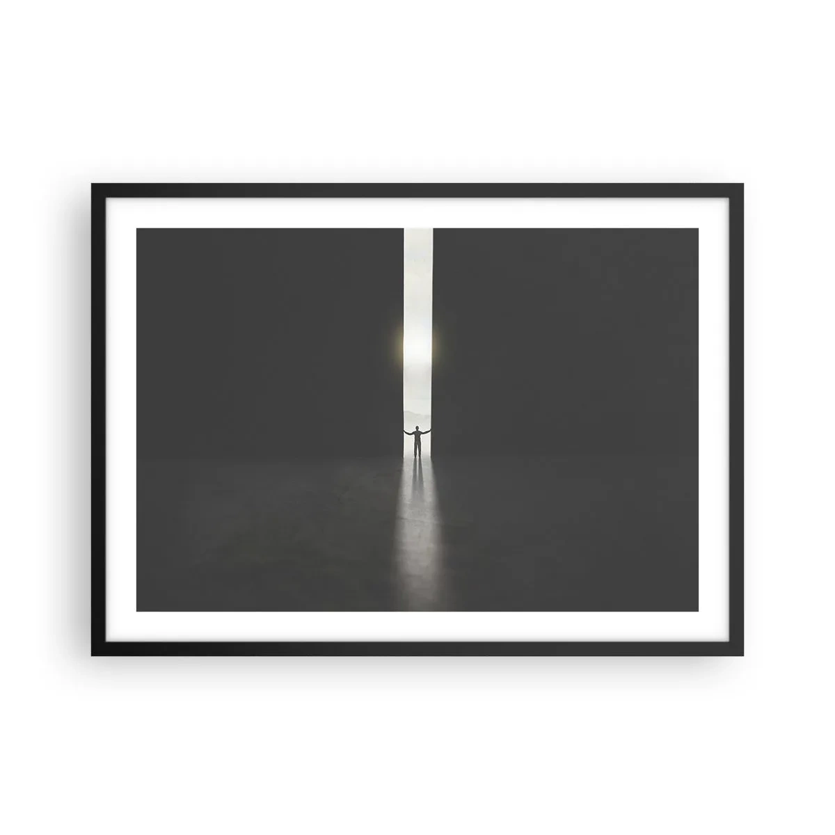 Plakat w czarnej ramie - Człowiek stojący w świetle wąskiej szczeliny w ciemnej przestrzeni - 70x50cm - Krok do jasnej przyszłości - Nowoczesna dekoracja ścienna do salonu i sypialni ARTTOR