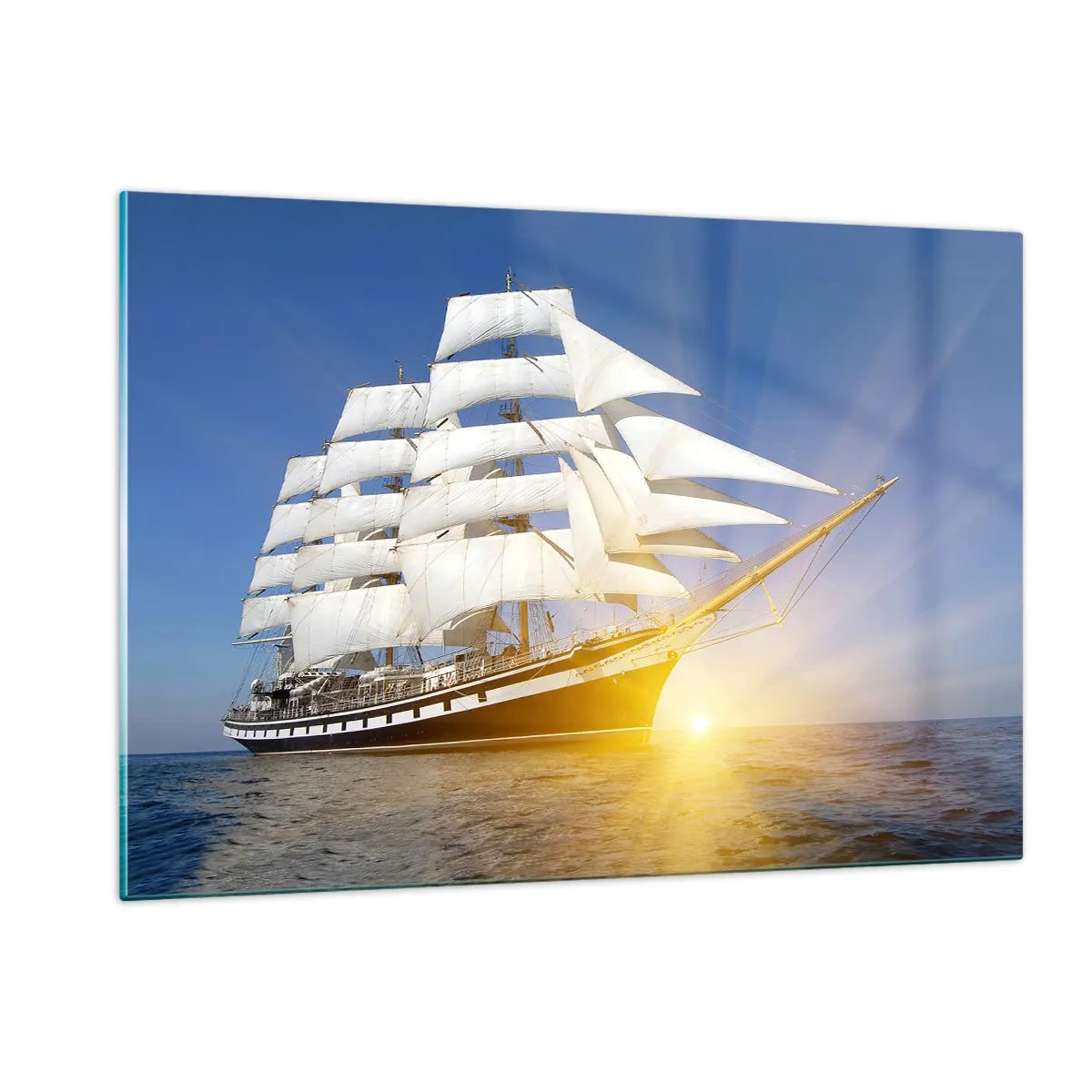 Obraz na szkle - Żaglowiec oświetlony promieniami słońca na otwartym morzu - 120x80cm - Ich czas nigdy nie przeminie - Nowoczesna dekoracja ścienna do salonu, kuchni i sypialni ARTTOR